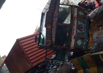 Container lorry topples on auto rickshaw near NAD flyover in Visakhapatnam