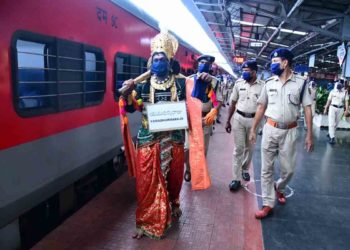 Yamraj patrols Vizag Railway Station to spread awareness on COVID-19