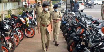 Vizag City Police destroy 631 loud silencers at RK Beach Road