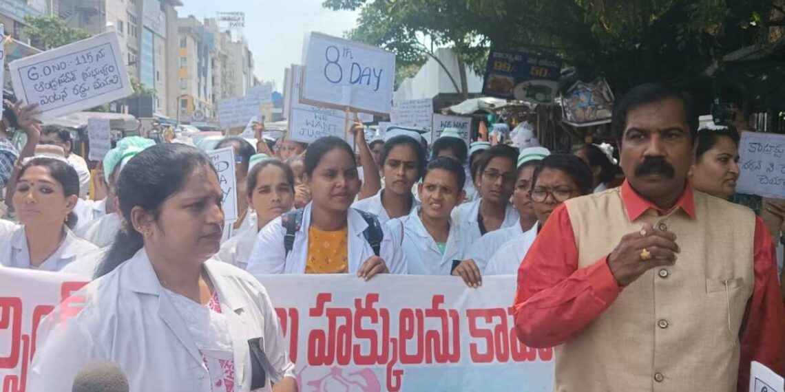 Agitating contract nurses take out rally in Visakhapatnam