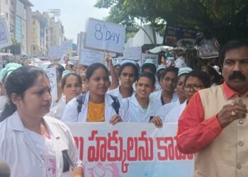 Agitating contract nurses take out rally in Visakhapatnam