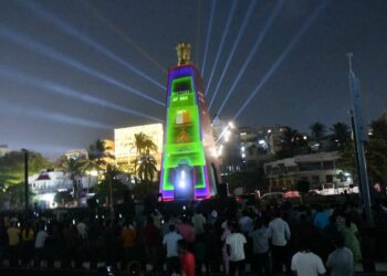 Laser show at Victory At Sea memorial attracts beach visitors in Visakhapatnam