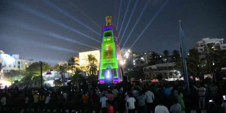 Laser show at Victory At Sea memorial attracts beach visitors in Visakhapatnam